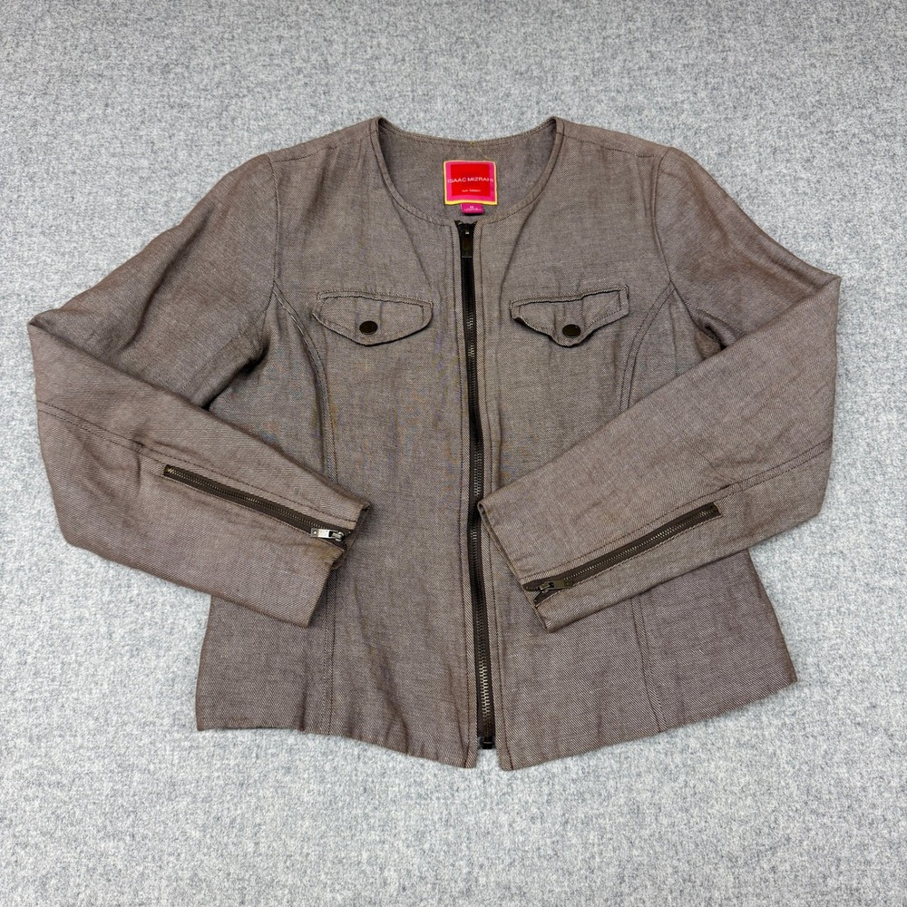 Isaac Mizrahi for Target Jacket Size M Brown Collarless Zip Up Pockets Cuffs